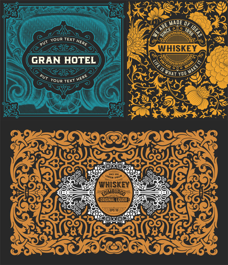 抽象矢量复古花纹装饰的彩色威士忌标签设计