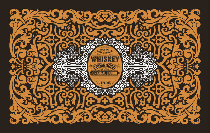 矢量抽象金色复古花纹装饰的威士忌标签设计