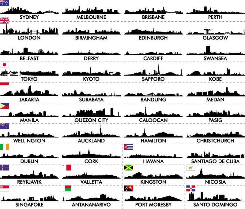 创意矢量各国城市建筑剪影插图