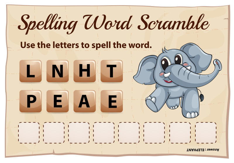 抽象矢量大象单词拼字游戏插图
