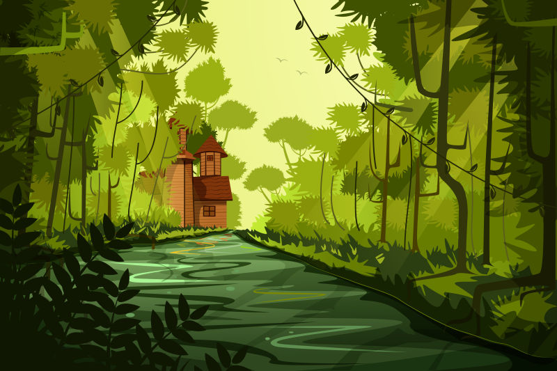 抽象矢量现代森林中的小屋插图设计