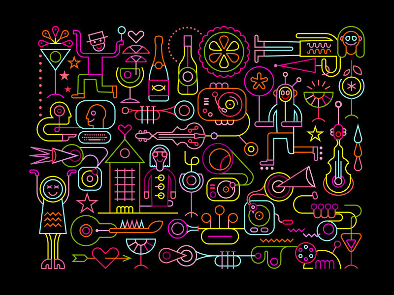 创意矢量现代彩色派对元素霓虹灯标志设计