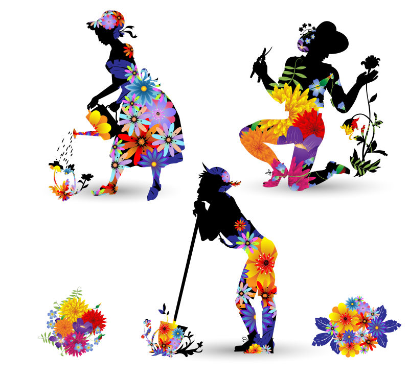 抽象矢量美丽花卉元素装饰的园艺工人剪影插图