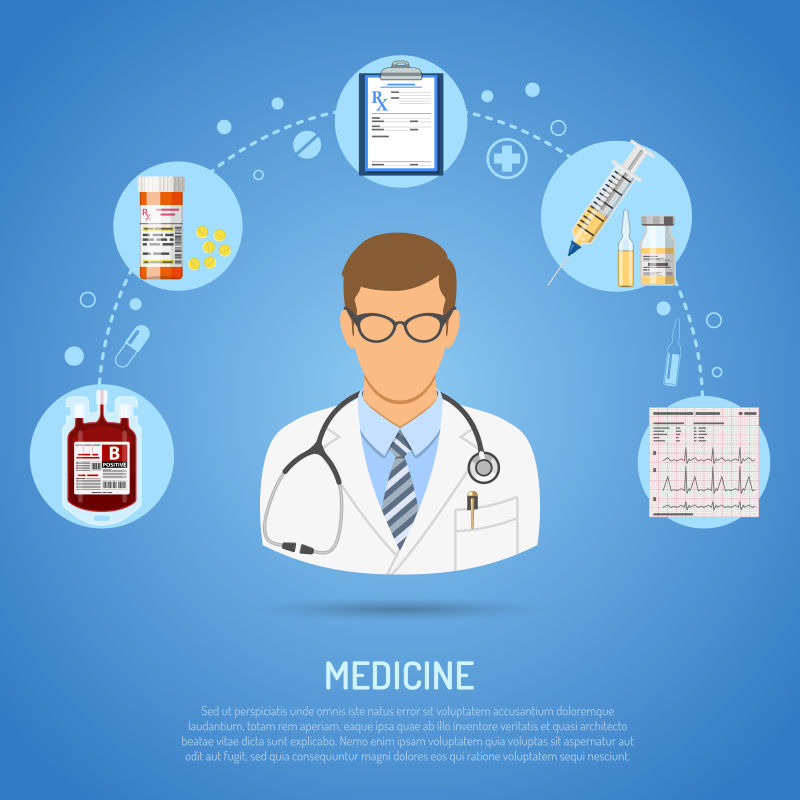 医学概念与平面图标医生-处方-听诊器-注射器-心电图-血液容器-孤立向量图示