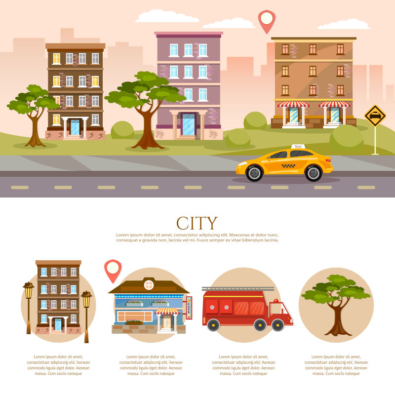 创意矢量现代城市主题平面信息插图设计