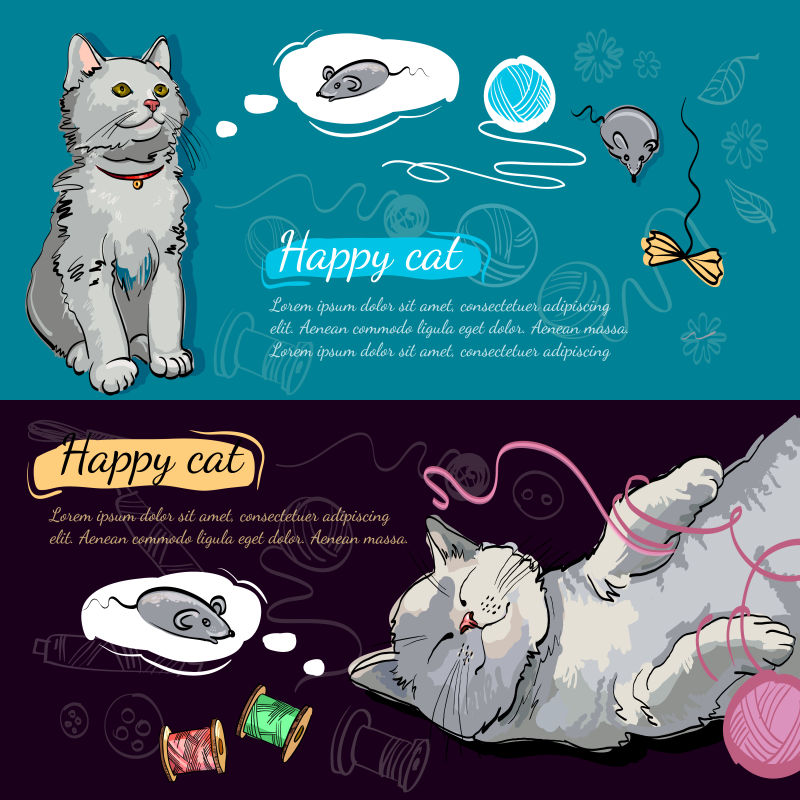 抽象矢量现代可爱的猫咪主题平面插图设计