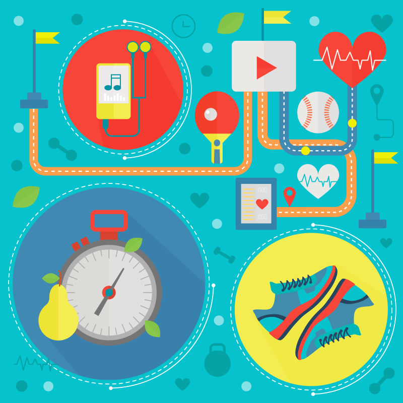 健康生活平面概念矢量插图体育健身房和健康食品的图标设计网络元素海报横幅