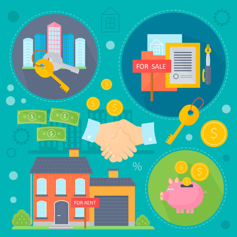 矢量房地产设计概念集销售和租赁市场公寓搜索改进平面图标信息图形设计网页元素海报横幅矢量插图