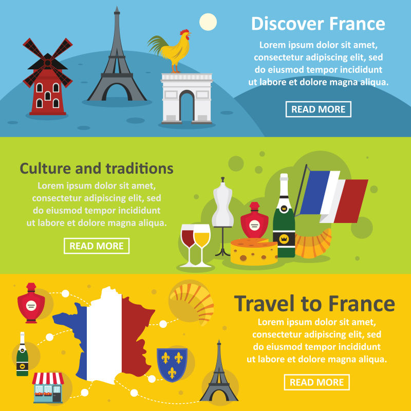 抽象矢量法国旅游主题的插图平面设计