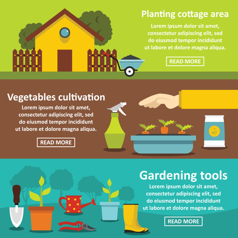 园艺工具横幅水平设置平面风格