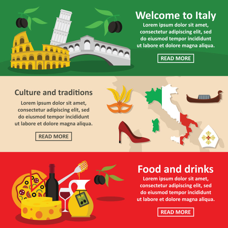 意大利旅行横幅水平设置平面风格