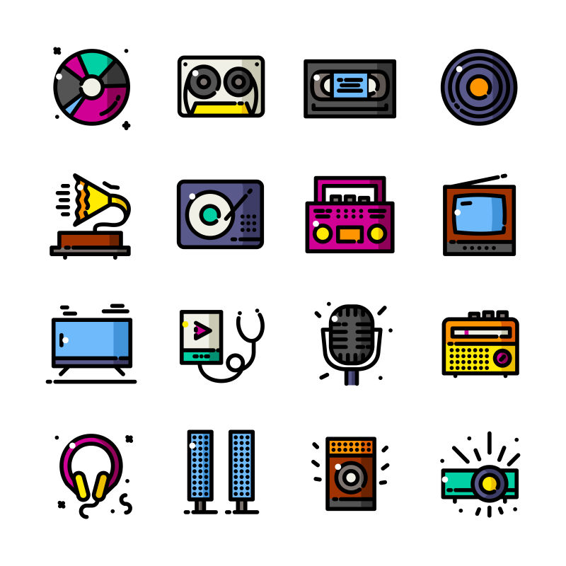矢量现代彩色音频主题平面图标设计