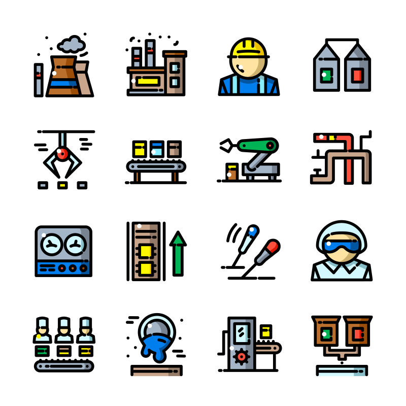 抽象矢量彩色手绘工厂主题线性图标设计