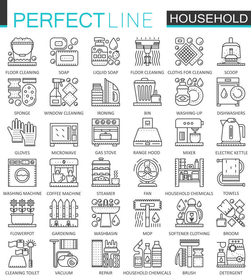 抽象矢量现代家用电器主题的线性图标设计