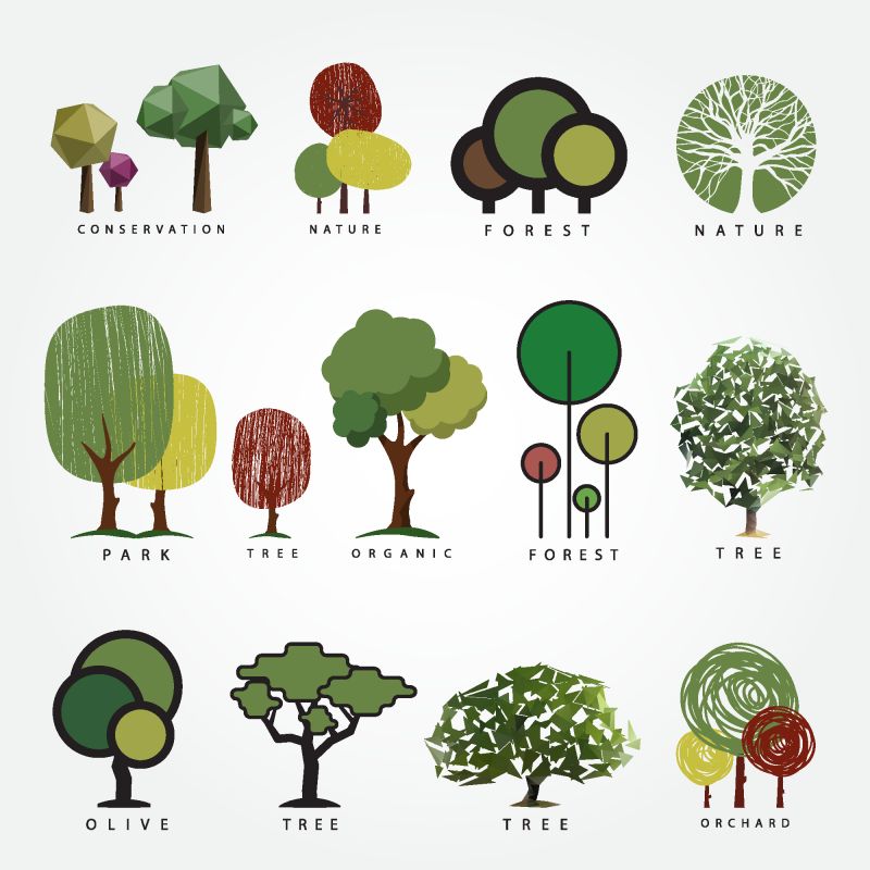 抽象矢量各种树的设计元素插图