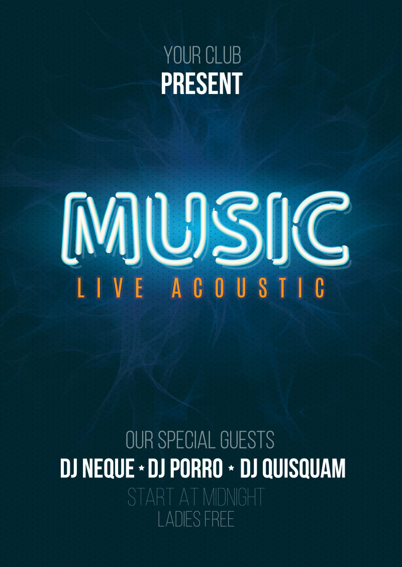 霓虹音乐现场声学派对海报背景模板-矢量图