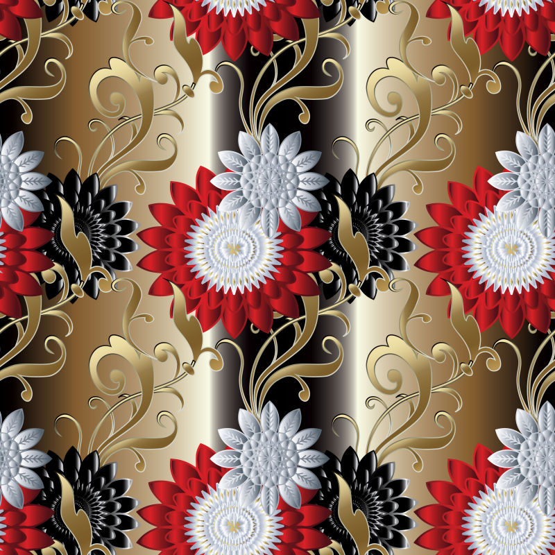 抽象矢量金属花卉元素装饰无缝背景