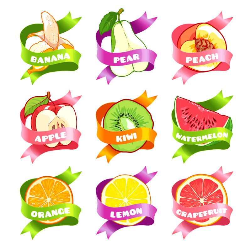创意矢量切开的水果元素标签贴纸设计