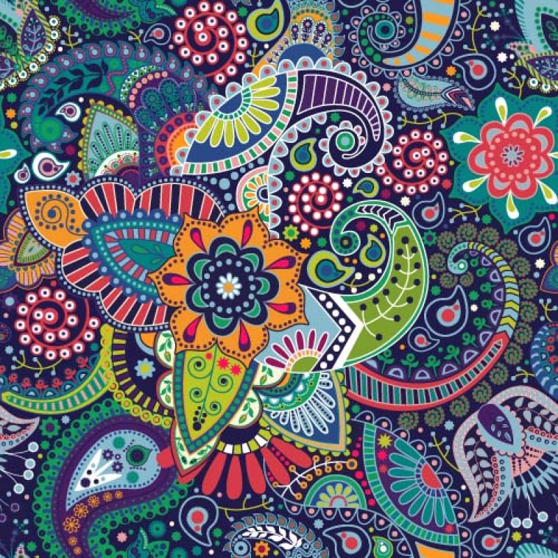 花卉无缝图案-矢量印度装饰壁纸-印尼蜡染-带有佩斯利和风格化花朵的彩色图案-包装纸网盖织物织物地毯的设计