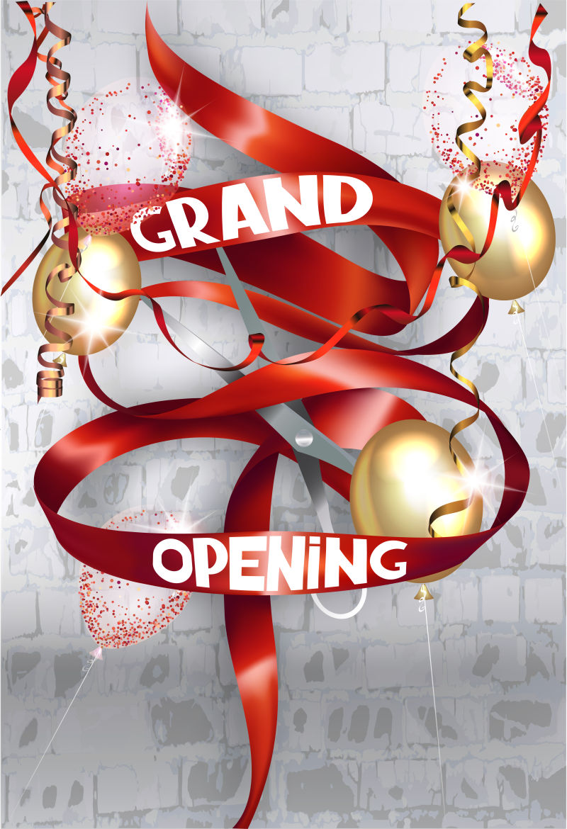 盛大的开幕式邀请函的背景是卷曲的丝带剪刀和砖墙矢量插图