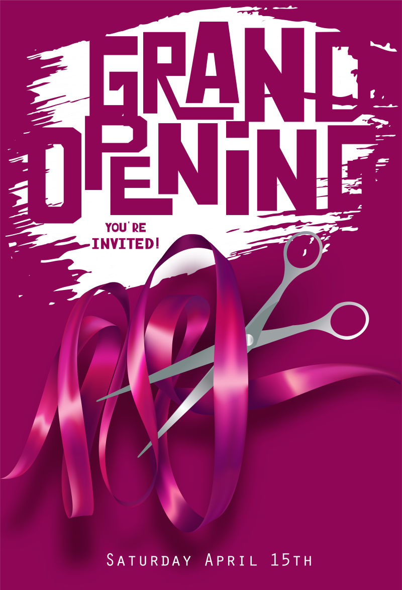 宏伟的开幕背景与纹理卷曲粉红色丝带和剪刀矢量插图