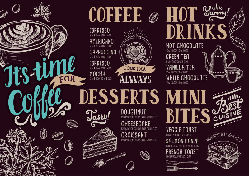 抽象矢量手绘咖啡店菜单设计