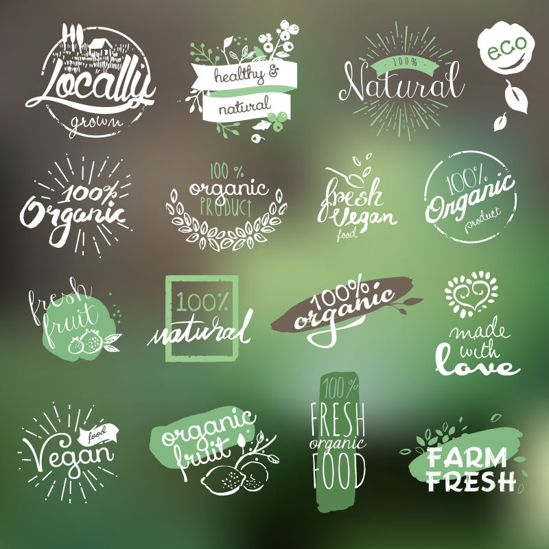 手绘徽章和元素收集的有机食品和饮料天然产品餐厅健康食品市场和生产在自然的背景矢量插图