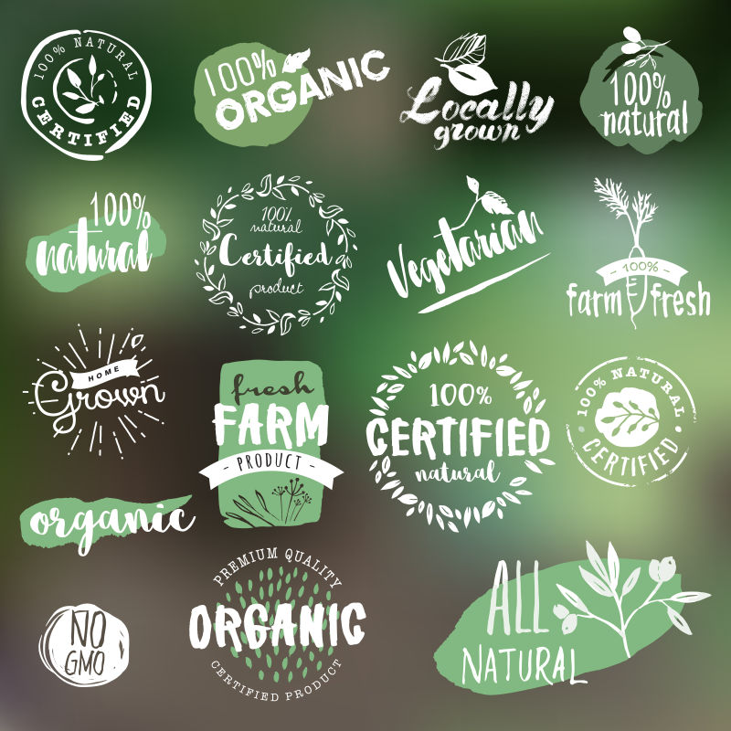 在自然背景下为有机食品和饮料天然产品餐馆健康食品市场和生产收集手绘标签和徽章矢量插图