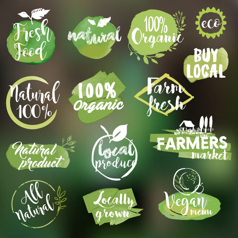 一套水彩手绘不干胶和徽章用于有机食品和饮料天然产品餐饮保健食品市场和生产背景自然模糊矢量插图