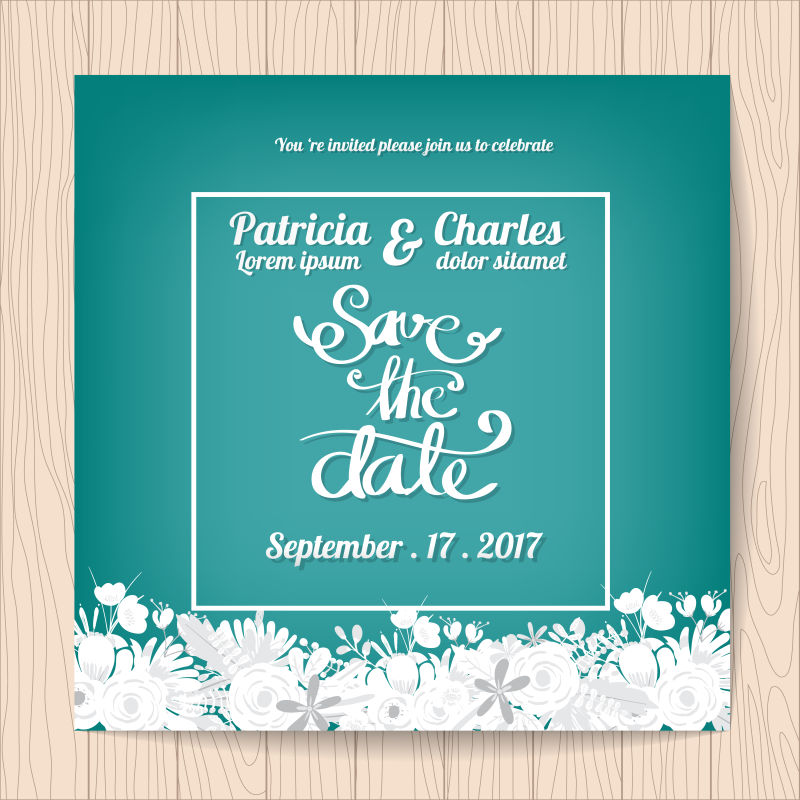 抽象矢量时尚白花元素的婚礼请帖设计