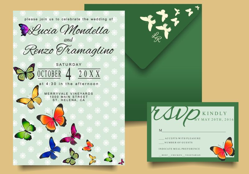 抽象矢量蝴蝶元素的婚礼请帖设计