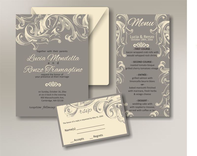 抽象矢量古典装饰风格的婚礼请帖设计
