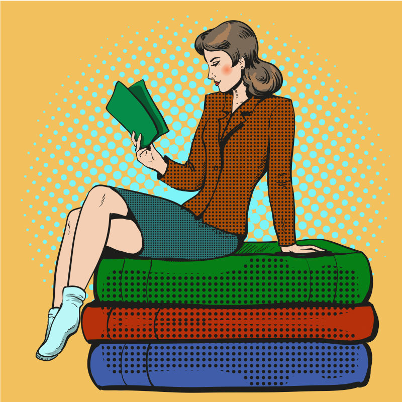 抽象矢量现代阅读书籍的女人艺术插图设计