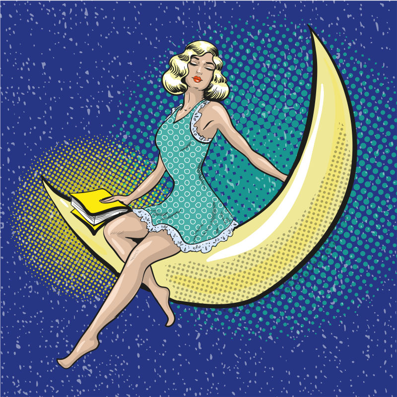 抽象矢量坐在月亮上的女孩艺术插图设计