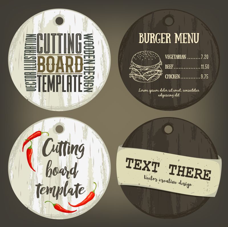 带孔的木制圆切板模板及使用实例矢量插图与纹理木板用作模拟标签标志卡海报广告栏或比萨饼菜单