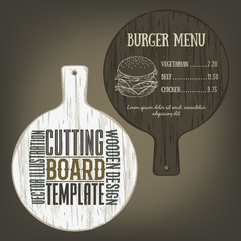 手绘切割板模型与手柄和使用实例矢量插图与纹理圆板用作样机的标签标志卡海报广告栏或比萨饼菜单