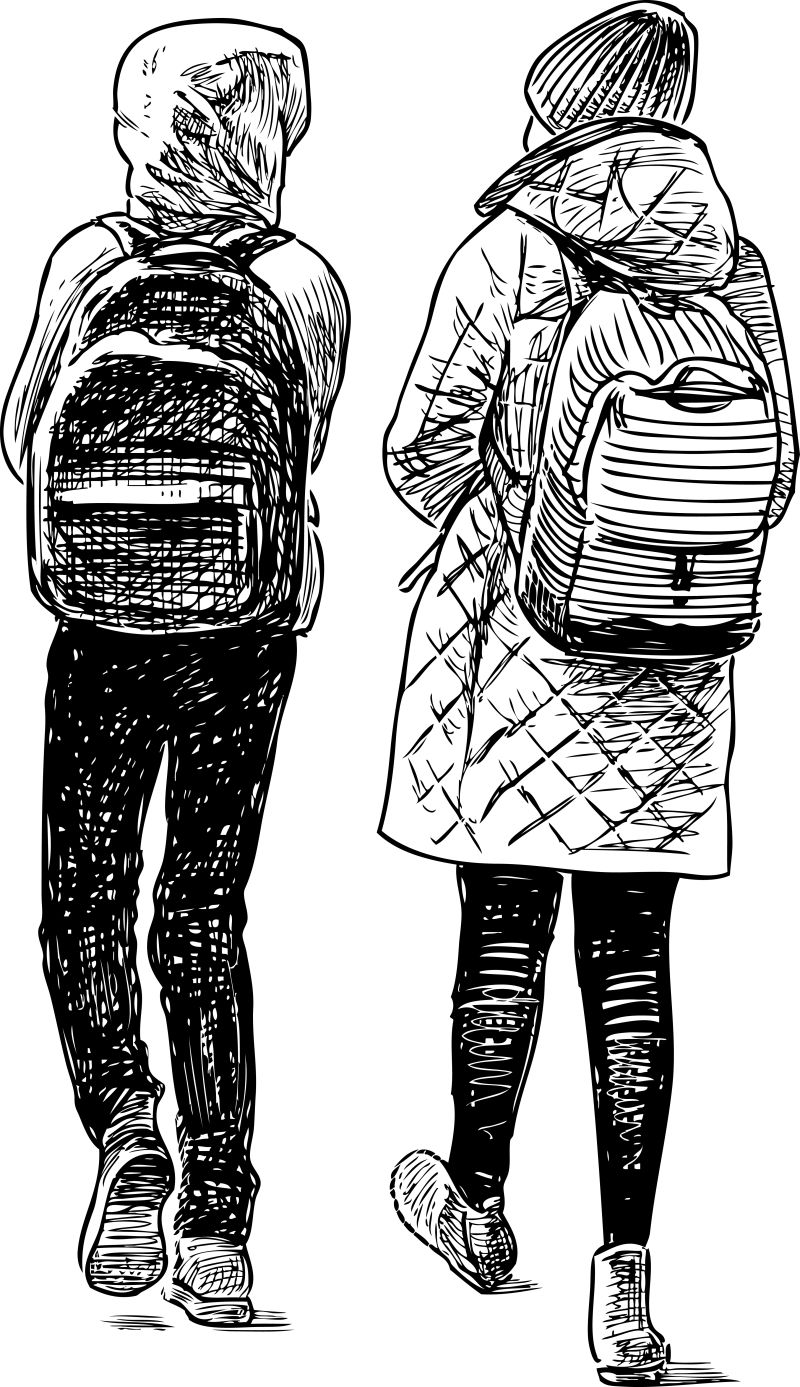 抽象矢量散步回家的年轻人素描插图