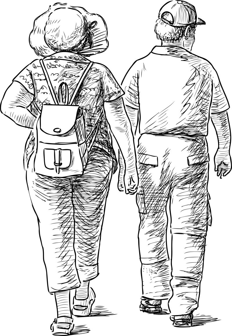 抽象矢量现代闲逛的老夫妇素描插图设计