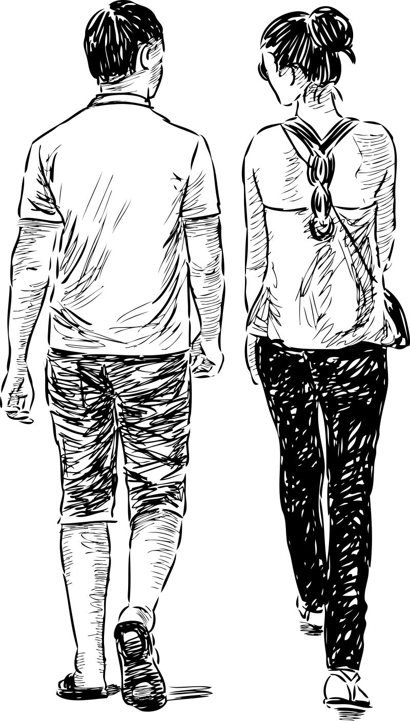 抽象矢量走路的年轻人素描插图设计