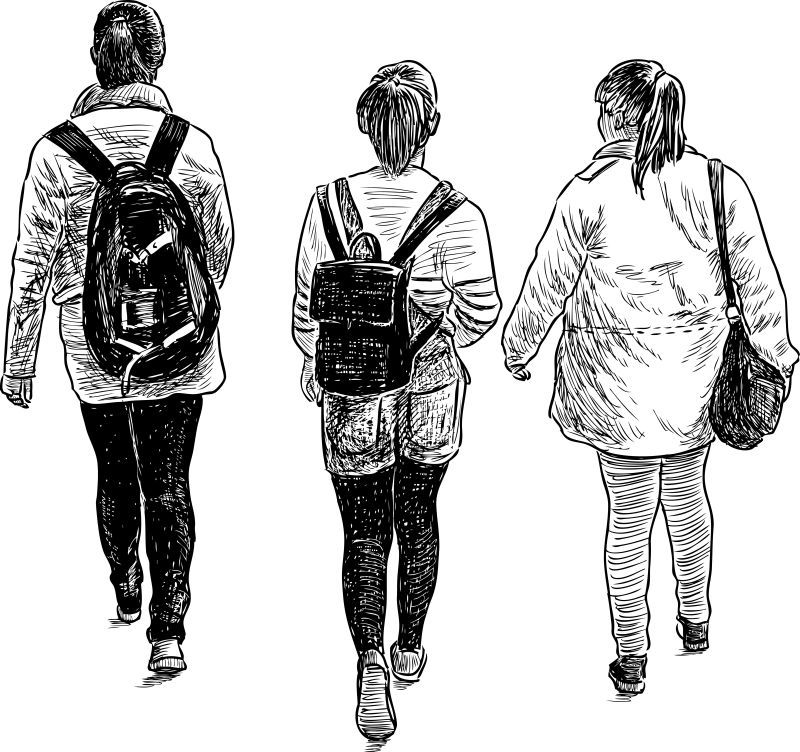 抽象矢量现代散步的学生素描插图设计