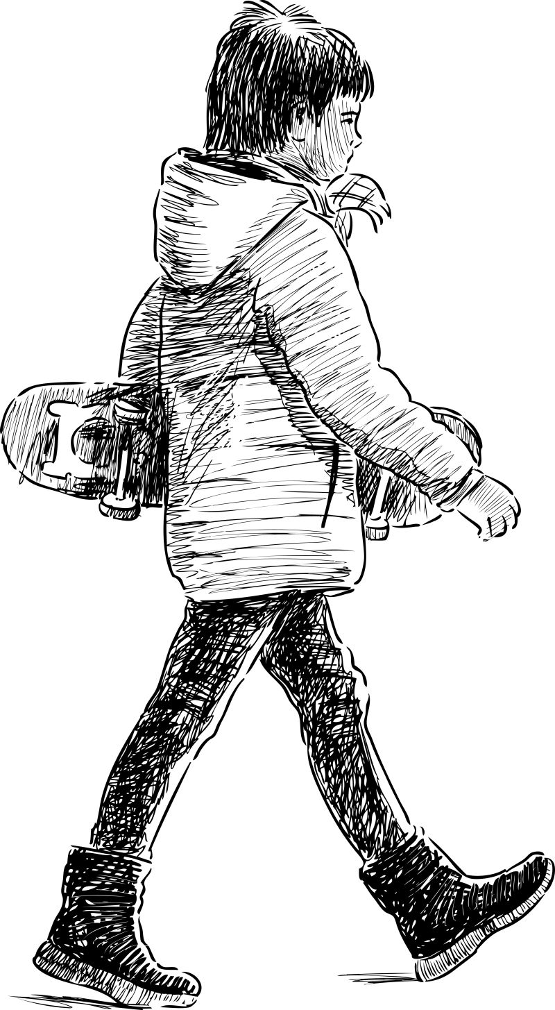 抽象矢量拿着滑板的小男孩插图设计