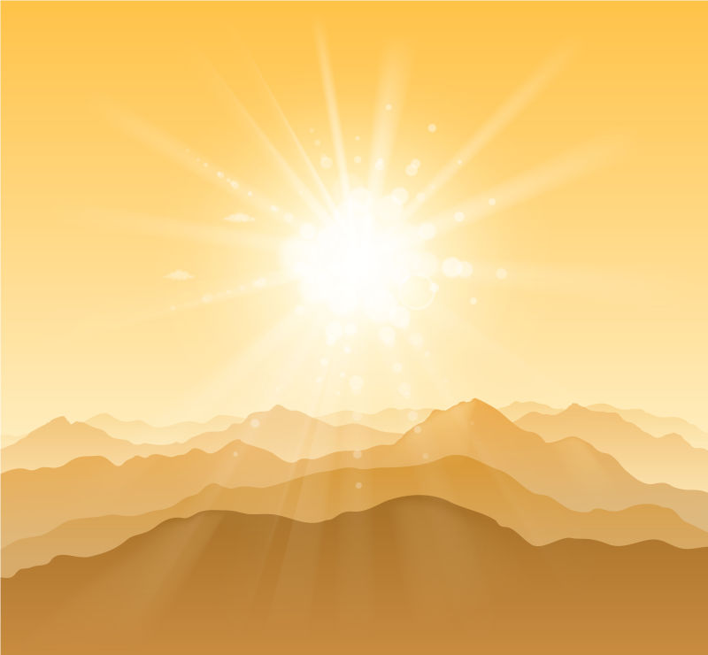 带红色紫色和橙色山丘和山脉轮廓的矢量景观-带光线和云的日落天空