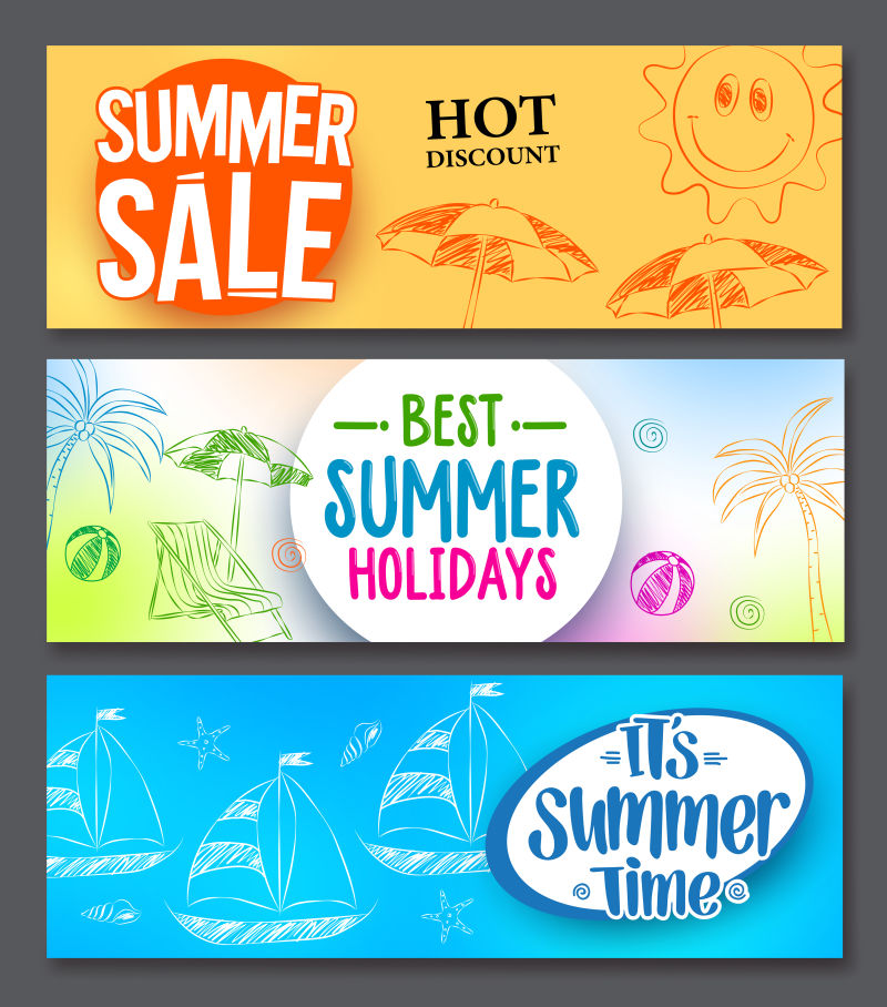 夏季销售和暑假矢量网页横幅设计-设置了丰富多彩的背景和绘画元素-矢量图