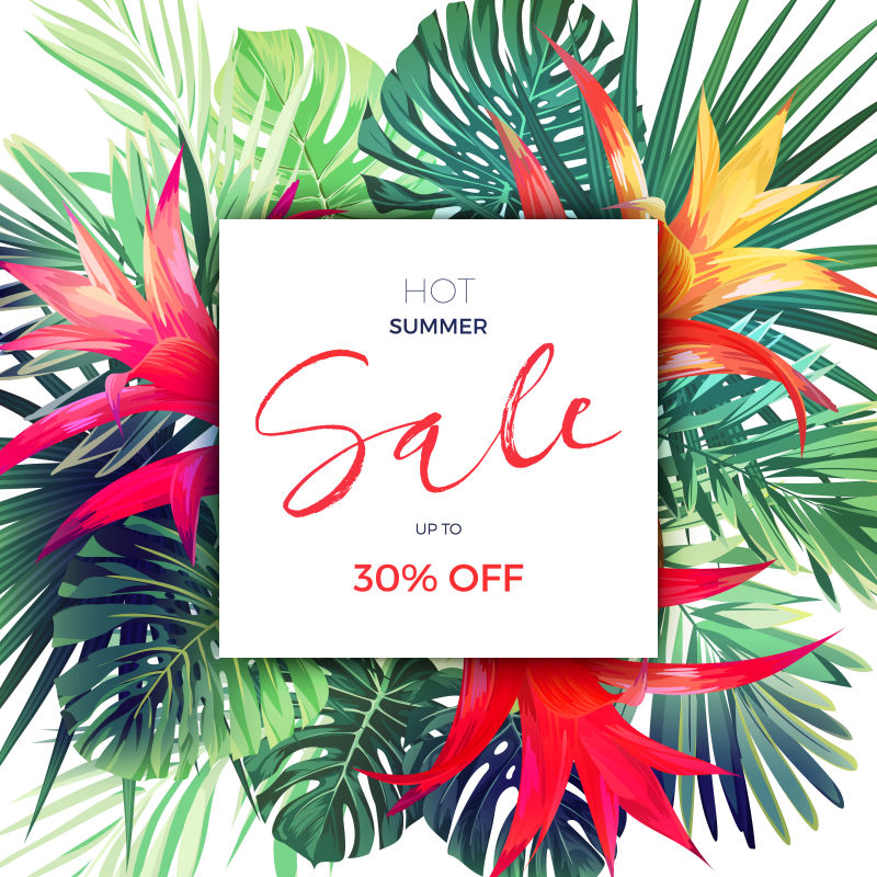 夏季矢量花卉销售横幅热带模板设计棕榈叶和红色古兹曼花