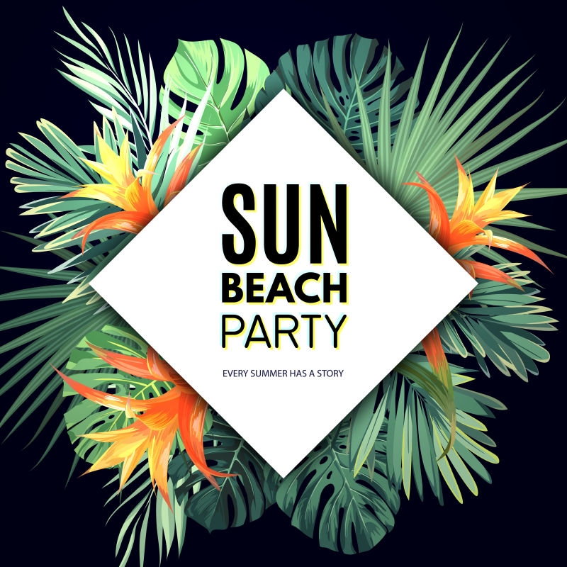 深色植物载体传单模板与异国植物棕榈叶和橙花