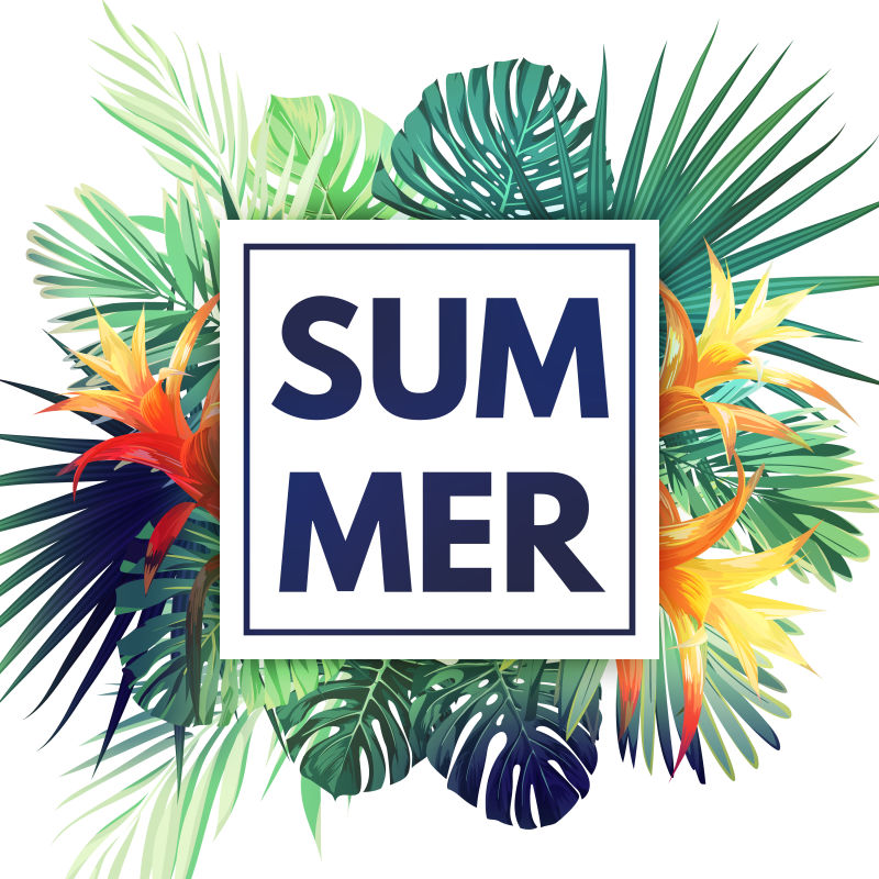 绿色植物夏季热带设计棕榈叶和异国情调的黄花载体花卉模板