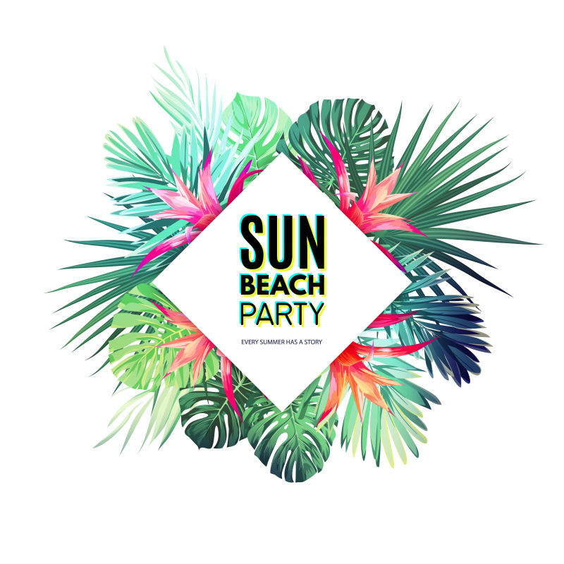 明亮的矢量花卉设计模板夏季派对热带飞行物有绿色的异国情调的棕榈叶和红色的花