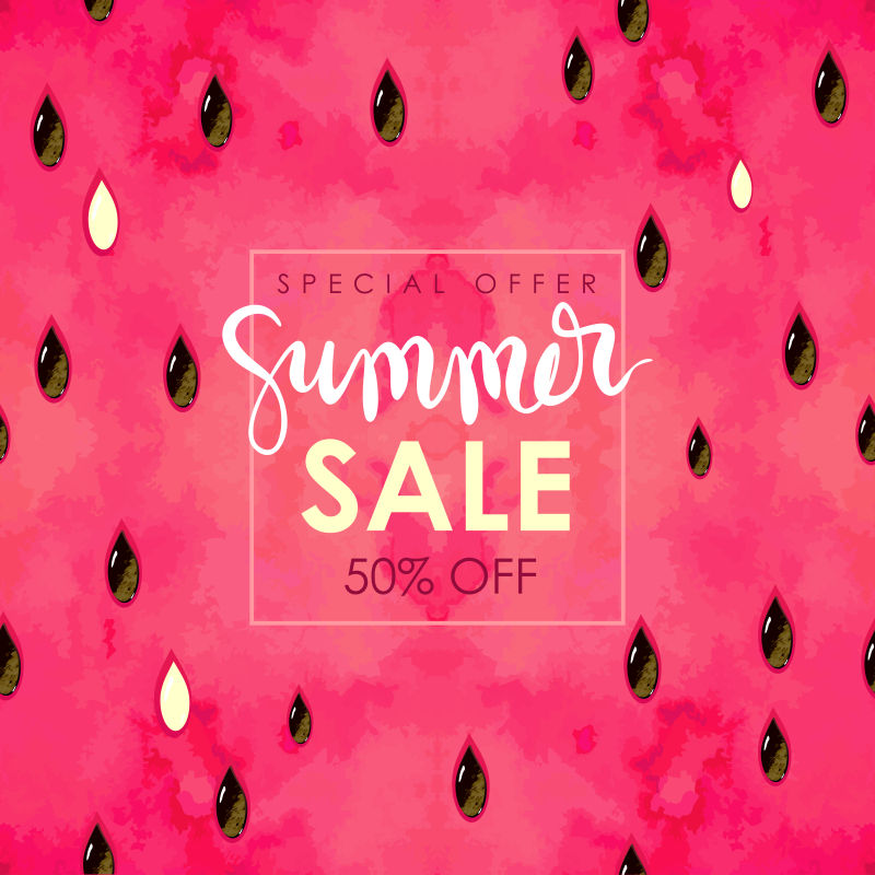 夏季拍卖"手写字体矢量插图与水彩颜料纹理西瓜背景