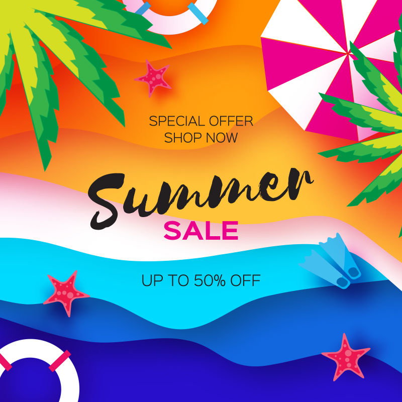 夏季销售模板横幅-海滩休息-夏季假期海报-彩色海滩元素的俯视图-文本空间-纸艺术风格