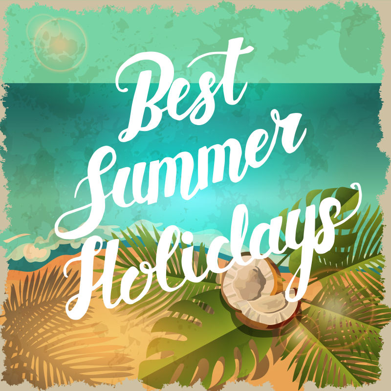 矢量复古夏季海报与海滩-海洋-棕榈叶和椰子-手绘字体&quot；最佳暑假&quot；